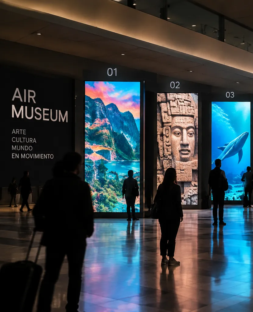 Concepto de museo en terminal aérea con pantallas verticales y viajeros a contraluz