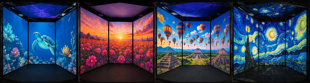 Cuatro contenidos dentro de la cabina: fondo marino, campo de flores al atardecer, globos sobre pirámides y cielo estrellado