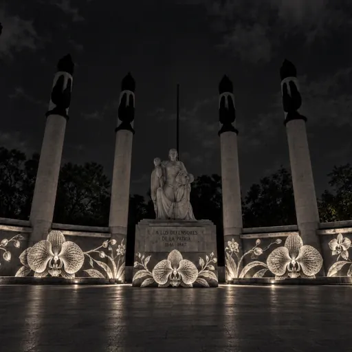 Concepto de mapping arquitectónico con orquídeas proyectadas sobre un monumento
