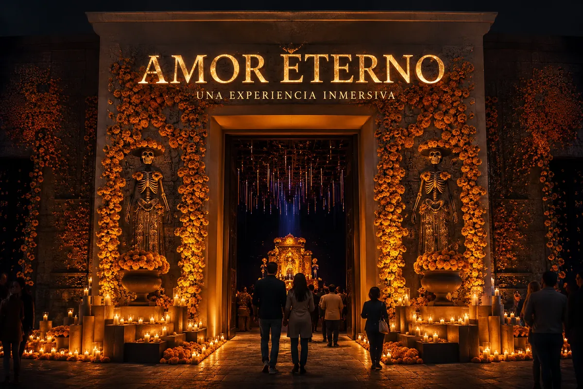 Concepto de entrada monumental iluminada con flores y velas: Amor Eterno